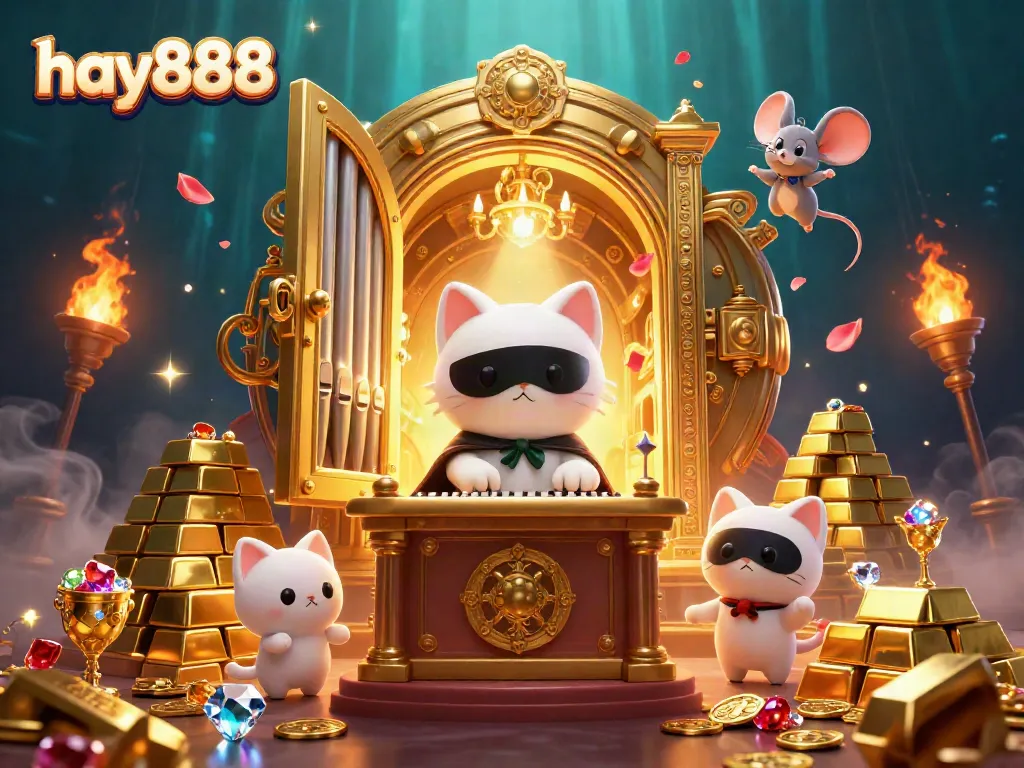 Experience the excitement of hay888 with a lively casino scene featuring a charming phantom cat and treasures.