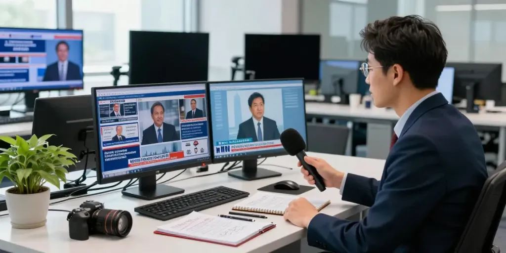 Journalist at a modern newsroom discussing recent updates on elligilgal.com.