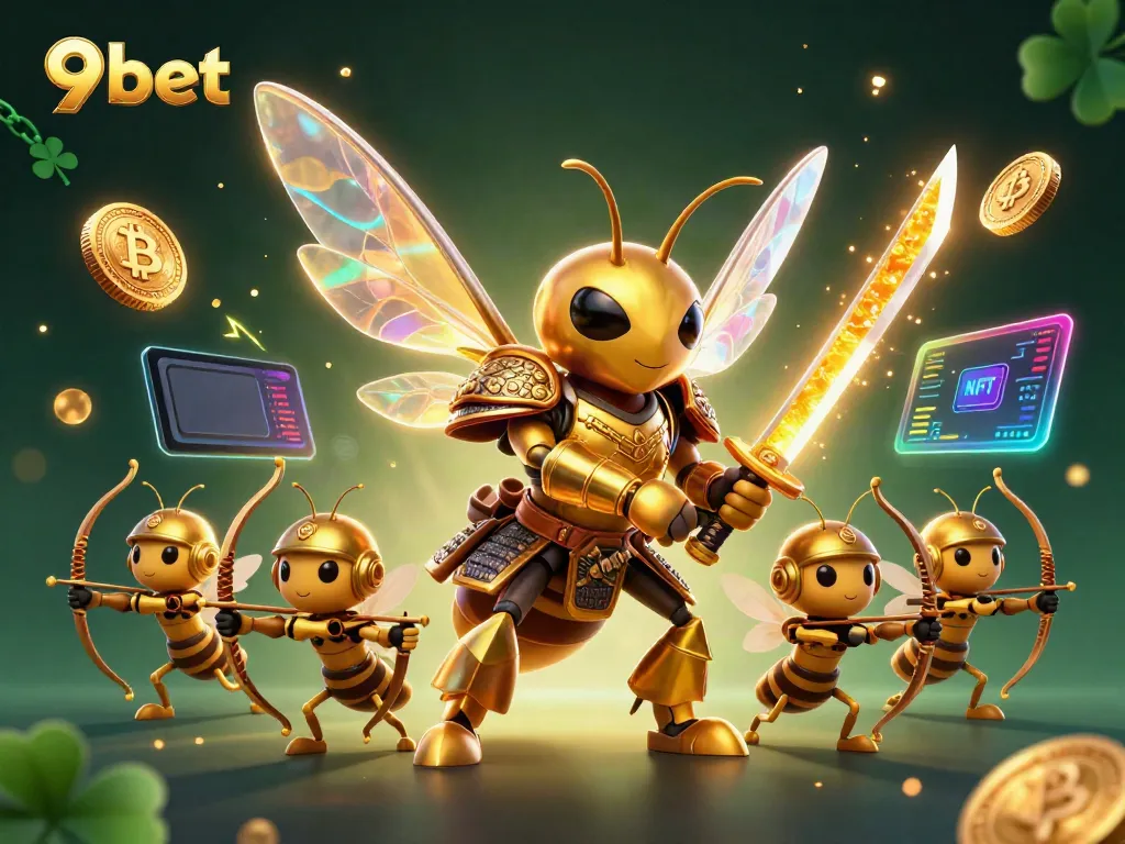 Engage with 9bet in an immersive, vibrant casino scene featuring a golden hornet in samurai armor and crypto elements.