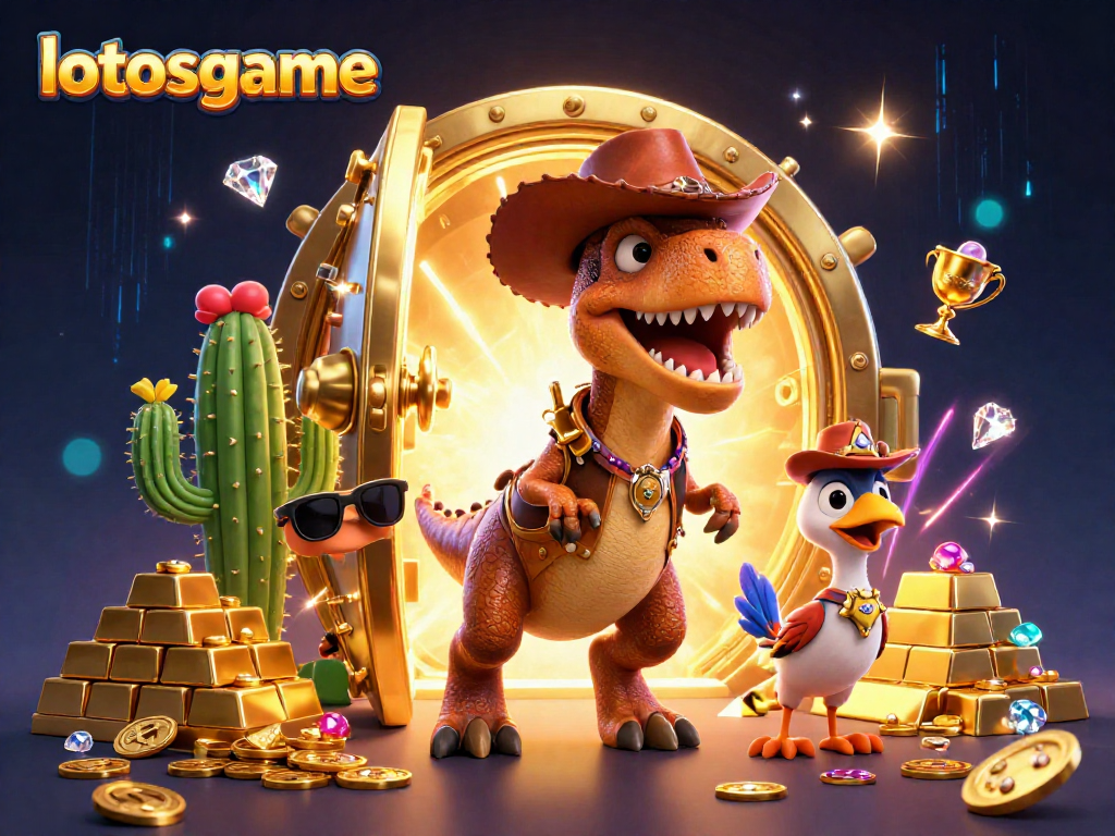 Experience the thrill of lotosgame with a cartoon dinosaur and treasures in this vibrant scene.
