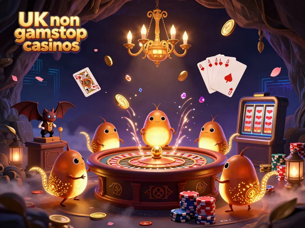 Experience the thrill of UK non gamstop casinos with vibrant glowworms lighting a cave casino scene.