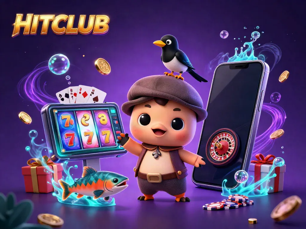 Engage in winning spins at HITCLUB with vibrant characters and dynamic casino elements.