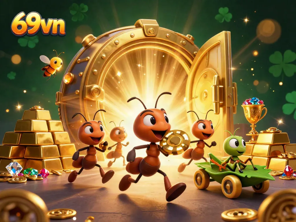 Engage with the excitement of 69vn as playful cartoon ants navigate a casino heist for a giant poker chip.