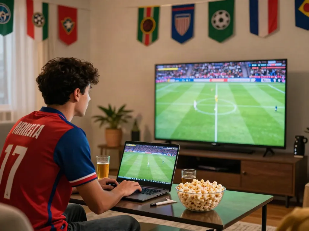 Football fan enjoying Thapcamtv live match in a cozy room with snacks.