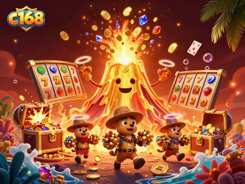 Experience thrilling c168 casino slots with a volcano erupting treasure, golden coins, and immersive gameplay elements.
