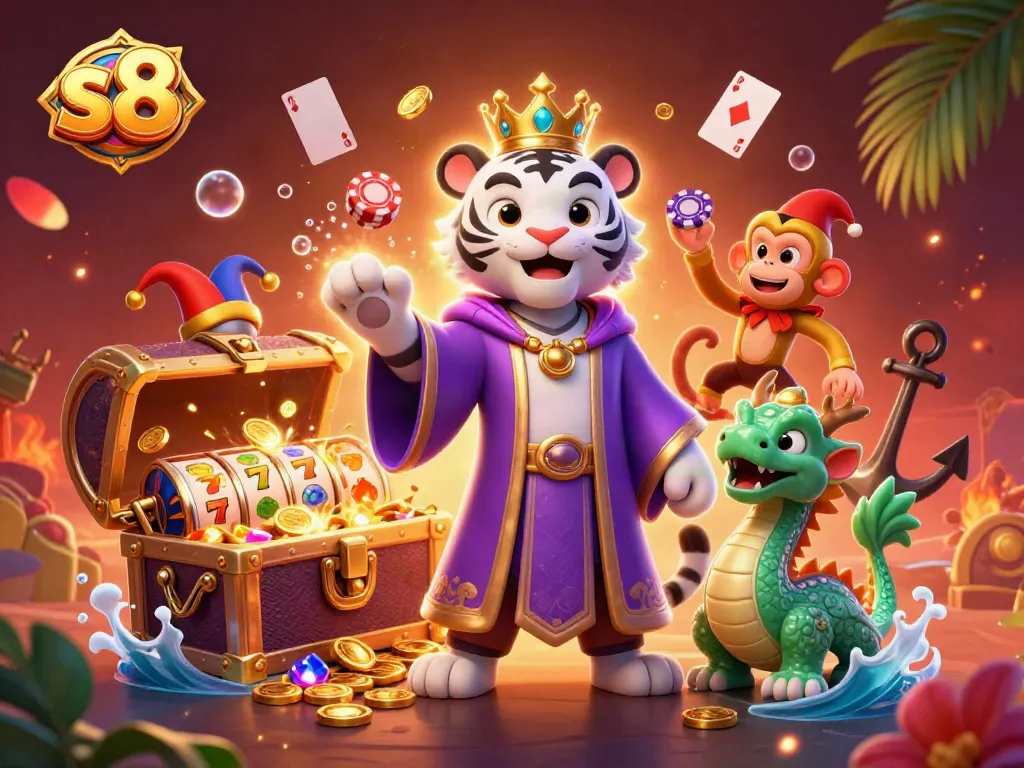 Experience thrilling slots and jackpots at s8 with an elegant casino scene featuring a royal tiger, jester monkey, and dragon.