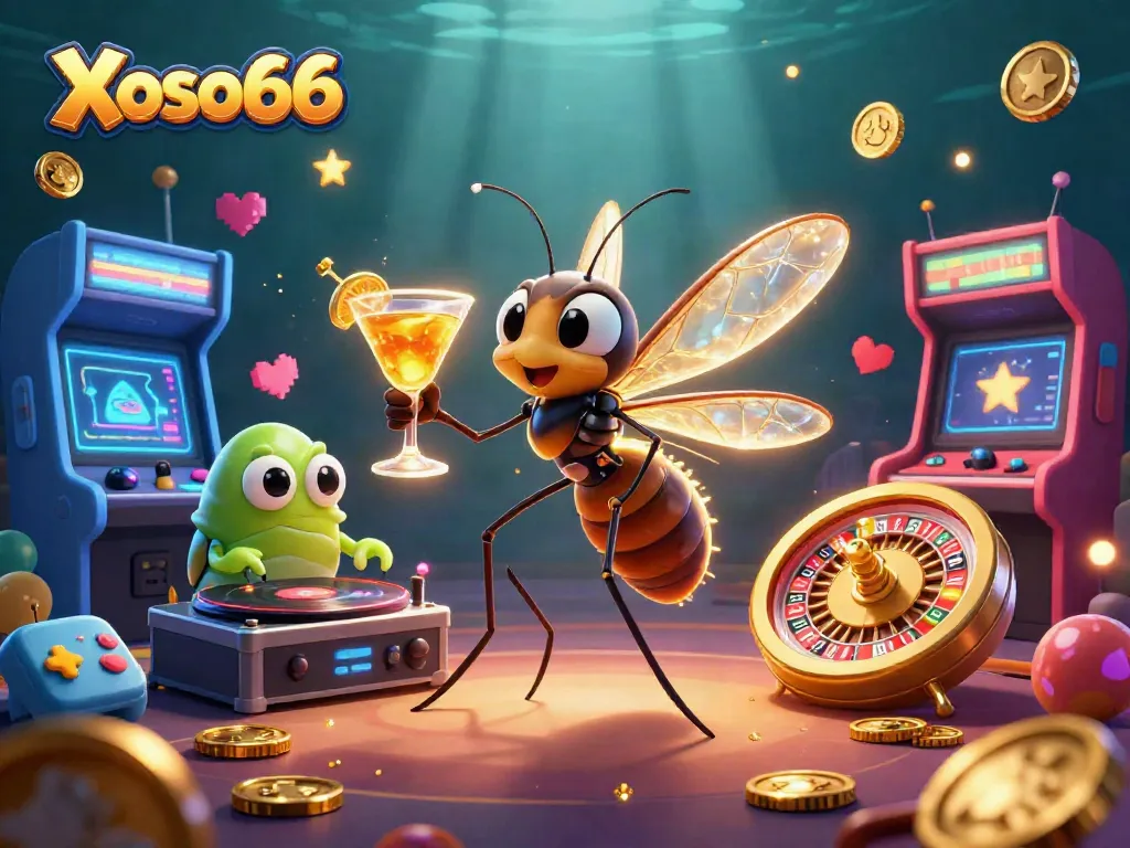 Xoso66 brings together a playful casino mascot and a trilobite DJ, showcasing vibrant gaming elements.
