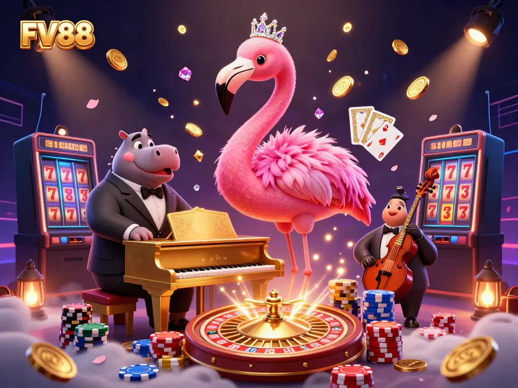 Engage with FV88's vibrant casino scene featuring a singing flamingo and a hippo bassist.