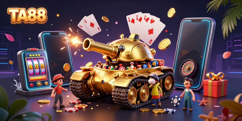 Experience thrills at TA88 with a vibrant casino scene inside a 3D golden beetle tank.