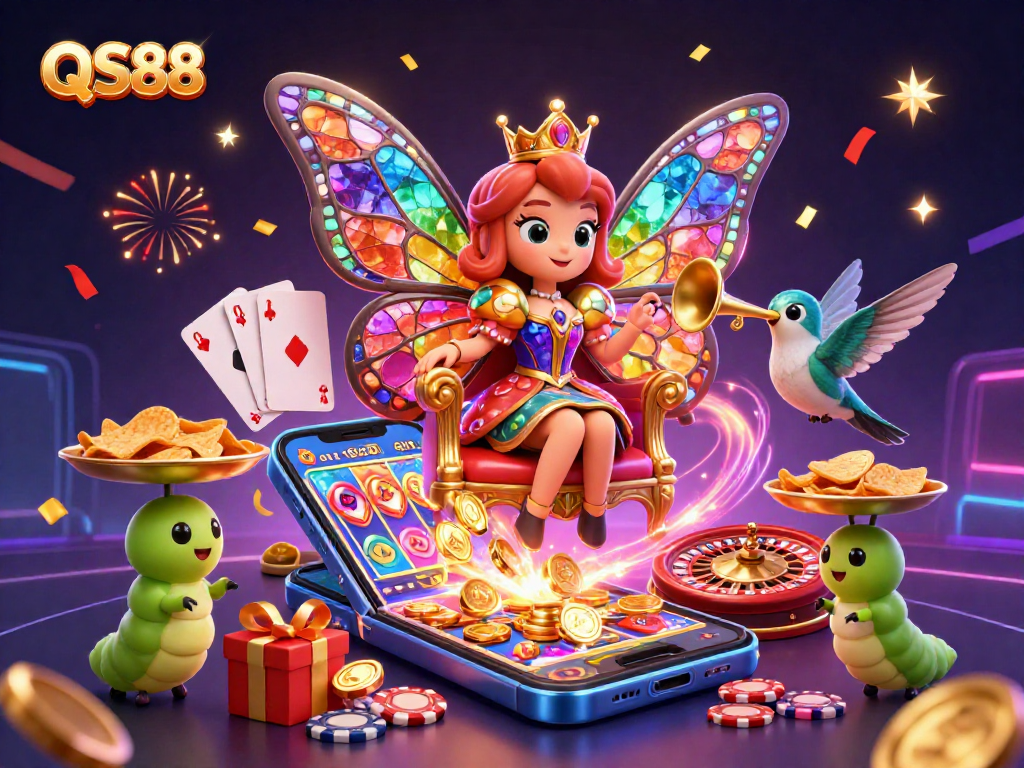 Experience the vibrant world of QS88 casino with a cartoon butterfly queen, energetic game elements, and festive atmosphere.