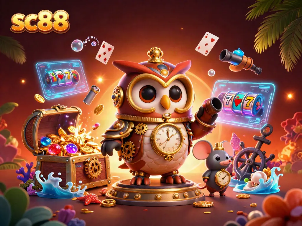 Engage in thrilling slots at sc88 with time-traveler owl amidst gold and vibrant treasures.