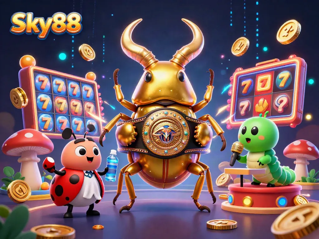Sky88 showcases an engaging gambling illustration with a golden stag beetle champion, dynamic slot game elements, and vibrant effects.