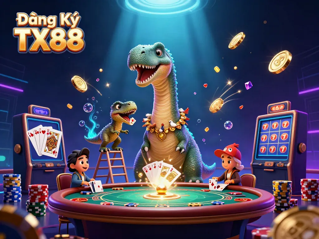 Join the fun of Đăng Ký TX88 with vibrant casino dynamics and a whimsical dinosaur scene.