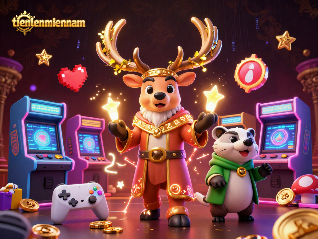 Engage in dynamic gameplay with tienlenmiennam featuring spirited characters and arcade elements in a rich casino setting.