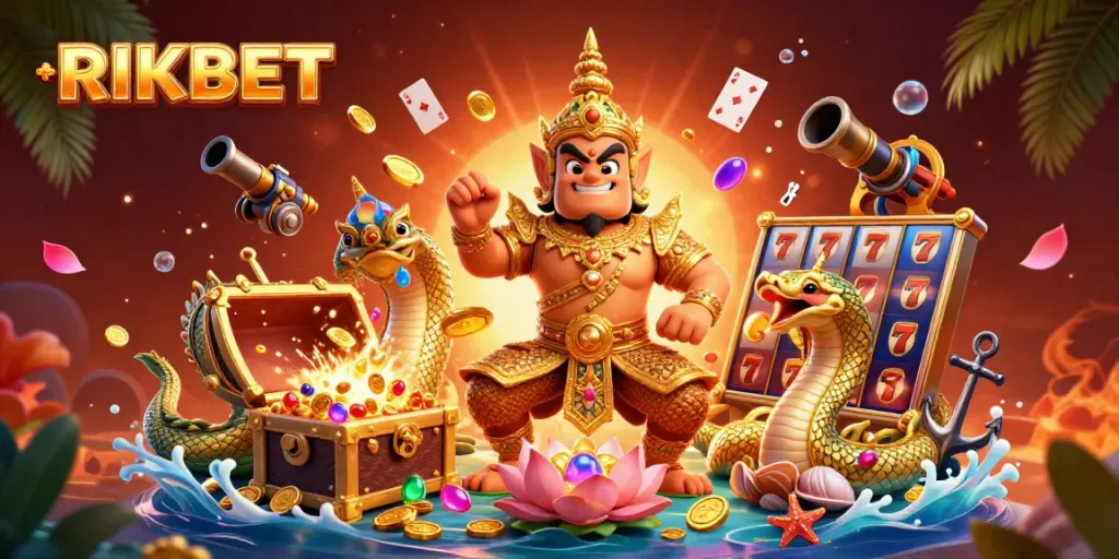 Experience thrilling gameplay at RIKBET with a dynamic scene showcasing 3D characters and gambling elements.