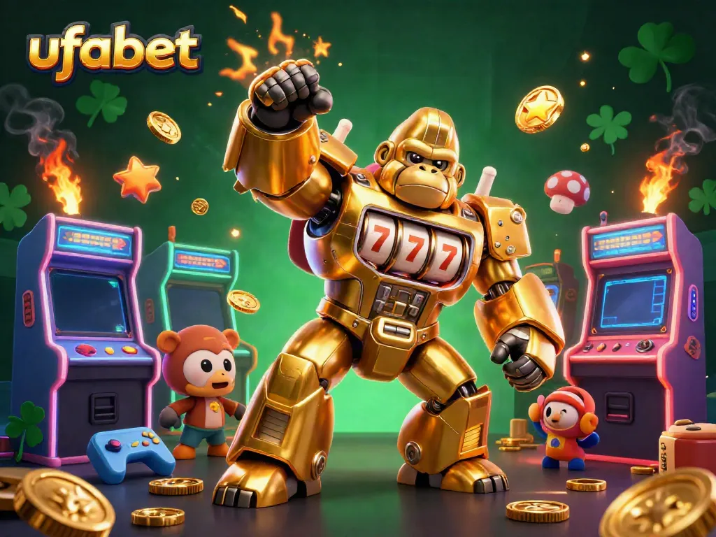 Transform your gameplay with ufabet's vibrant 3D illustration depicting a golden gorilla mech and arcade elements.