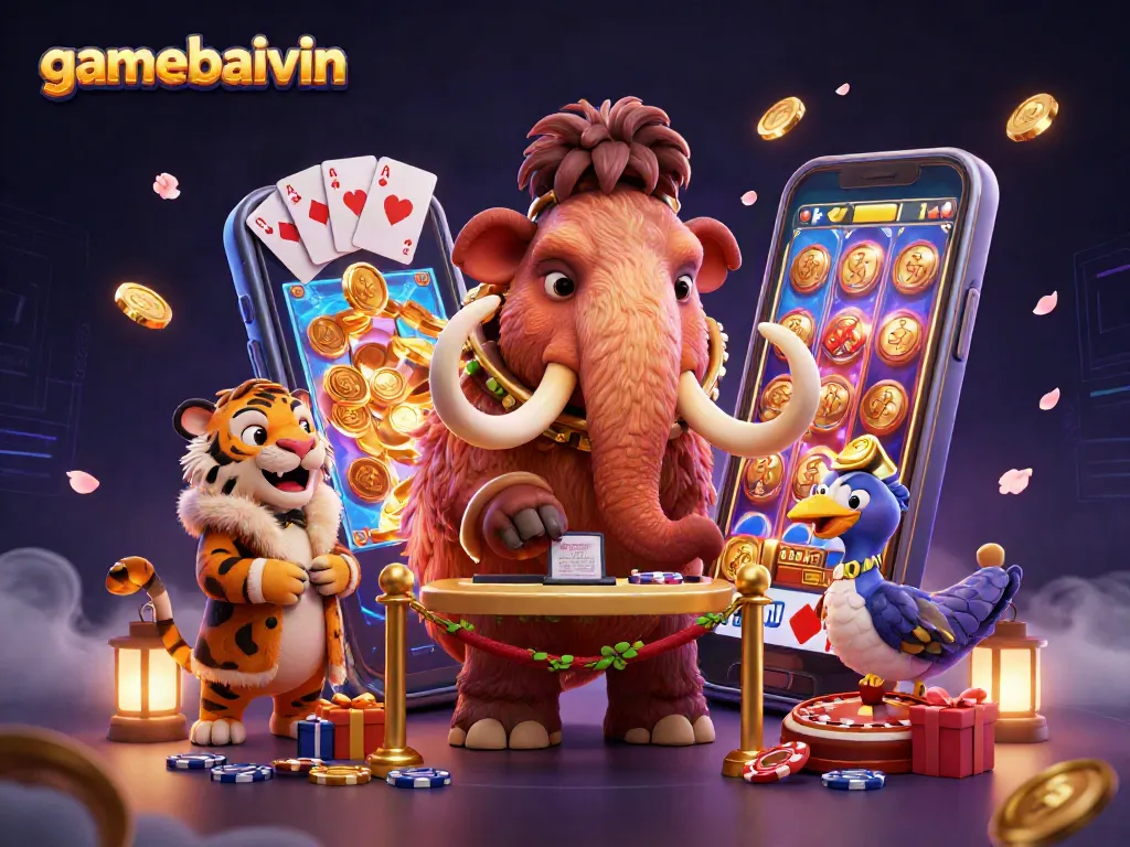 Experience excitement at gamebaivin with a vibrant 3D casino scene featuring engaging characters and games.