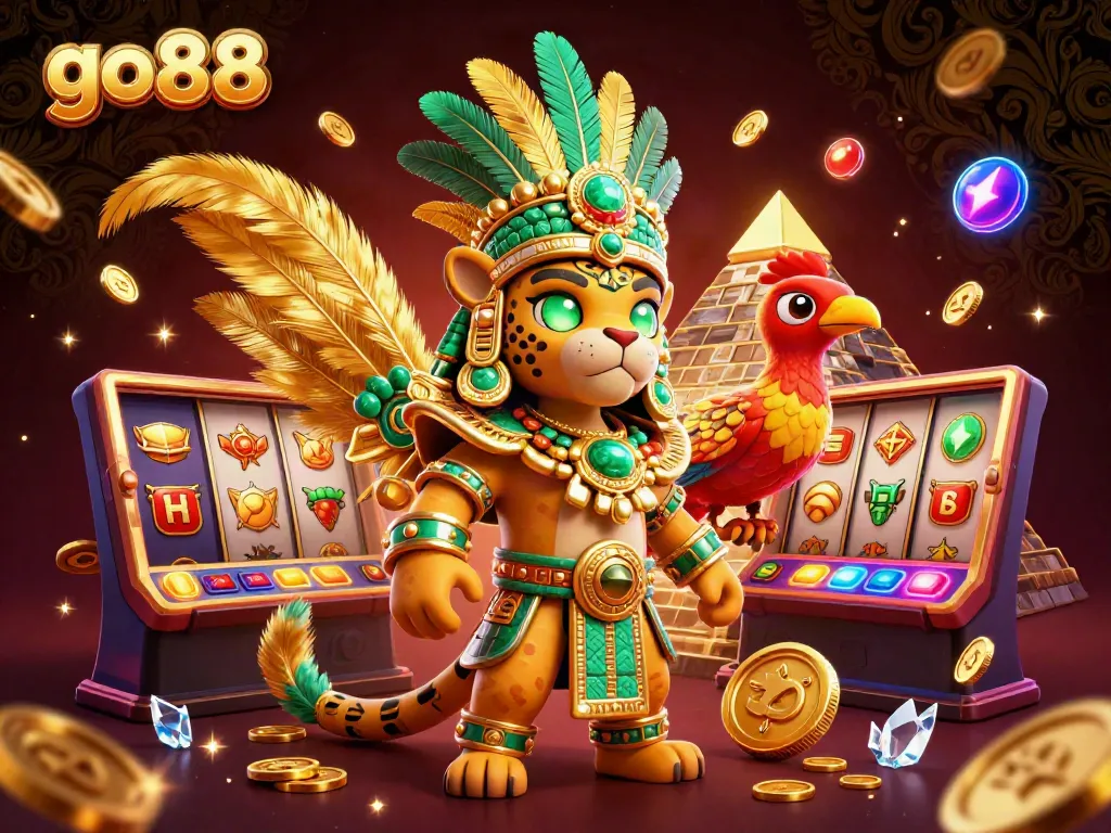 Experience the excitement of go88, a vibrant casino scene with a Mayan jaguar priest and game elements.