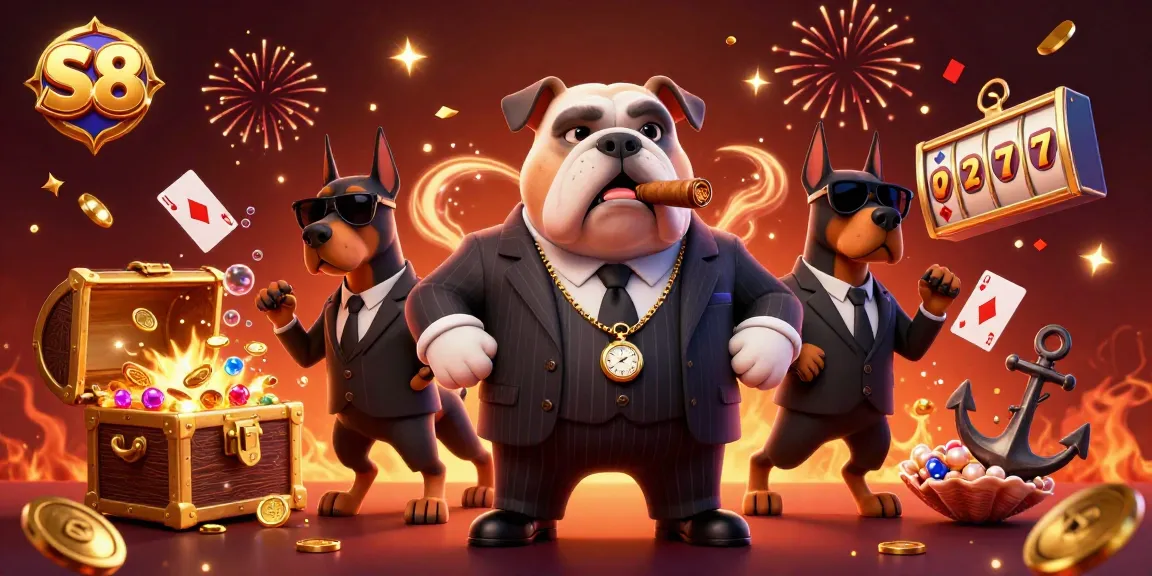 S8 casino scene featuring a charming bulldog mafia boss and two Doberman bodyguards amidst slot reels and sparkling coins.