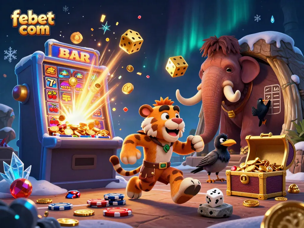 Experience thrilling gameplay at febet com with a vibrant illustration featuring a prehistoric casino atmosphere filled with exciting slot elements.