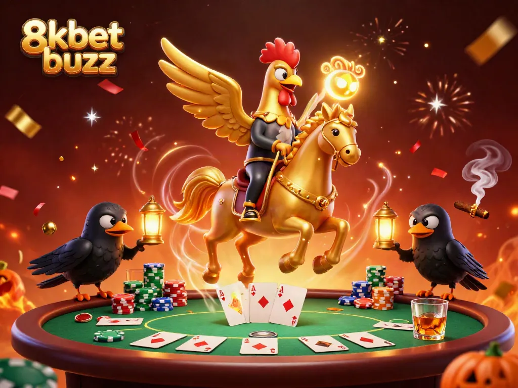 Engage with the thrilling 8kbet buzz experience at a midnight casino featuring a golden rooster and poker elements.