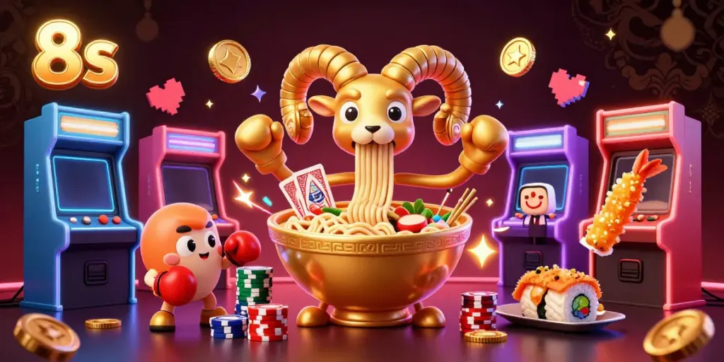 Engage in thrilling casino gameplay with 8s featuring a golden ramen bowl character, sushi dealer, and dynamic arcade elements.