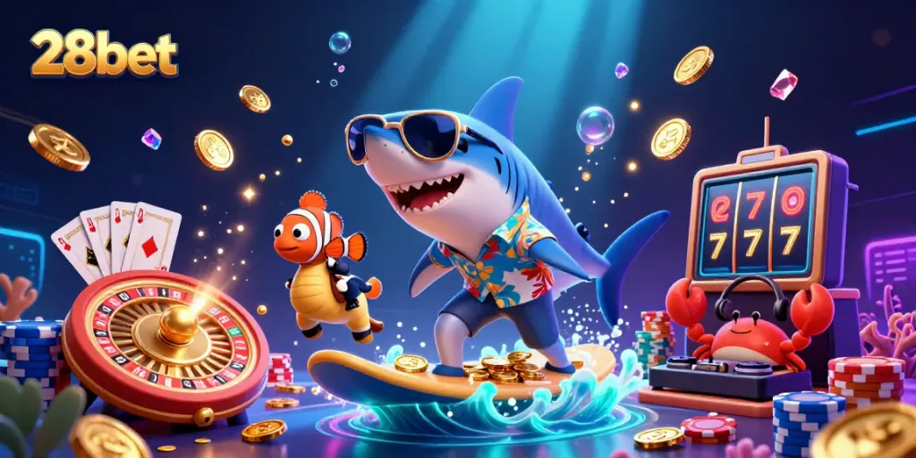 Experience the thrill of 28bet with a vibrant 3D portrayal of lively casino elements and characters.