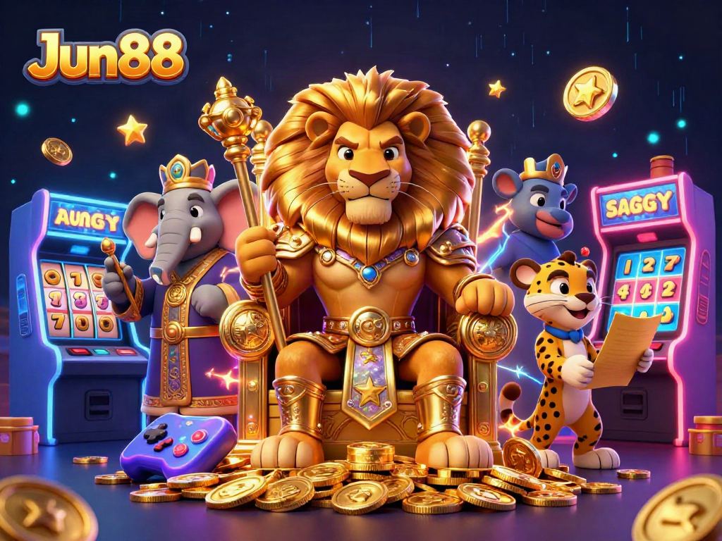 Experience thrilling adventures with Jun88 in this casino-themed 3D illustration featuring a lion king.