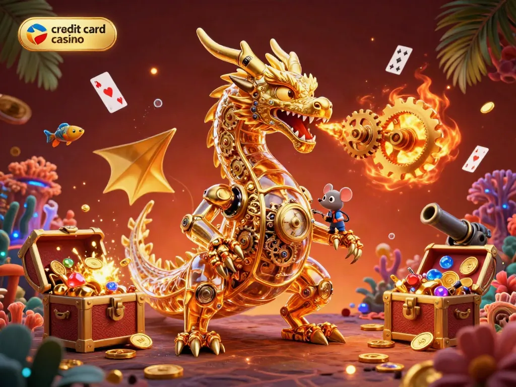 Discover top credit card casino action with a 3D dragon and vibrant game-themed scene.