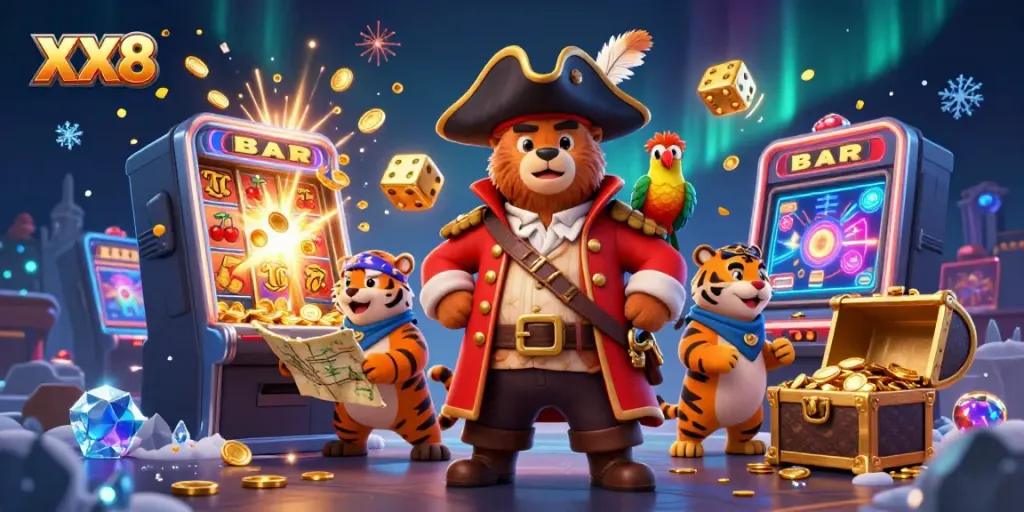 Experience exciting gameplay with XX8 featuring a pirate captain bear, tiger, and golden coins