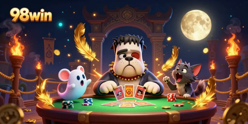 Experience the thrill of 98win with vibrant characters and casino elements in a rich detailed scene.