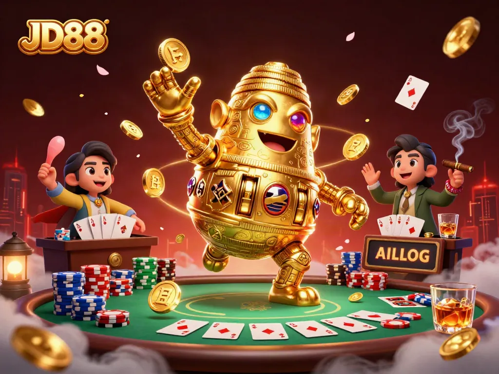 Experience JD88, a 3D golden golem surrounded by vibrant poker elements in a dynamic casino scene.
