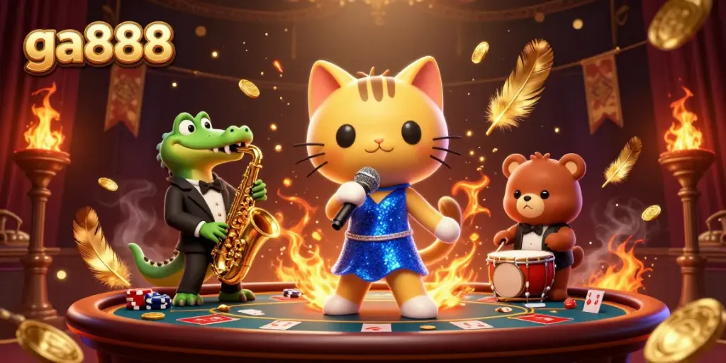Engage with the vibrant casino scene featuring ga888 characters and dynamic poker elements.