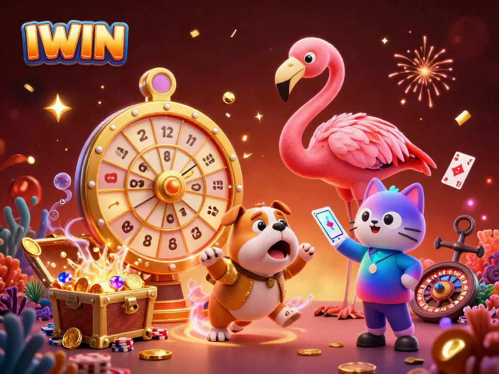 IWIN's exhilarating gaming experience unfolds with a vibrant casino illustration showcasing a flamingo game show host and a bulldog contestant.