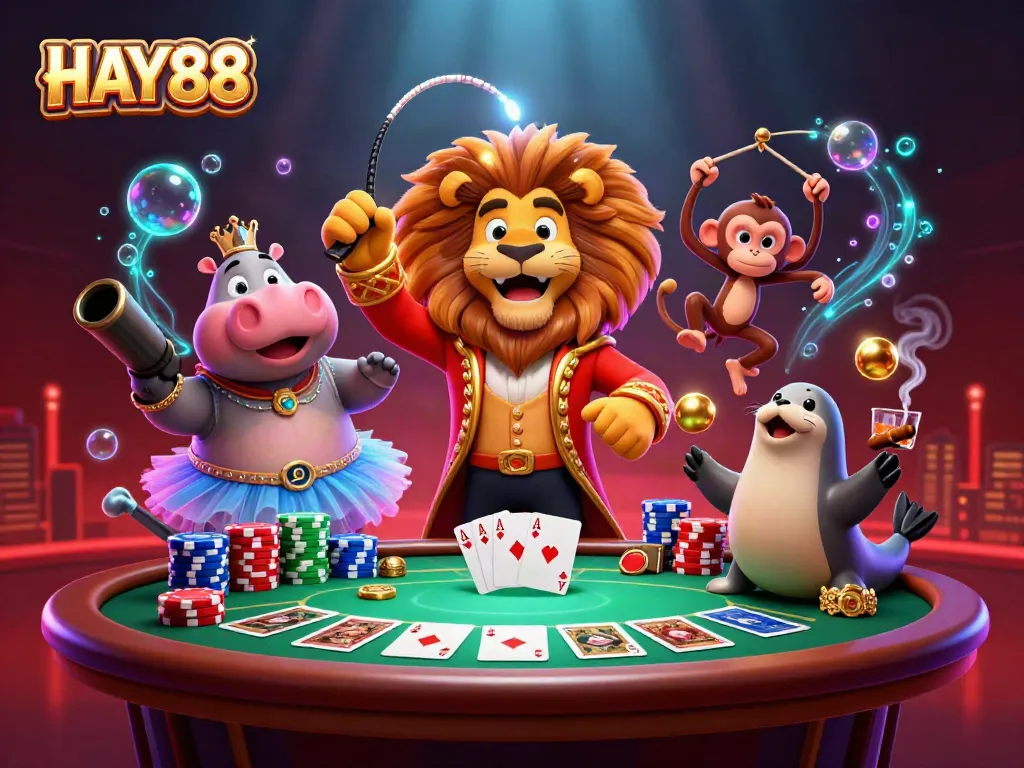 Experience the thrilling HAY88 casino atmosphere with a vibrant 3D scene featuring lively characters and poker elements.