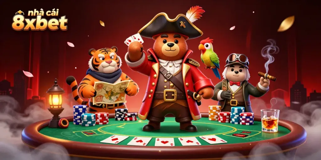 Experience thrilling gaming with nhà cái 8xbet in this vibrant 3D pirate-themed casino scene.