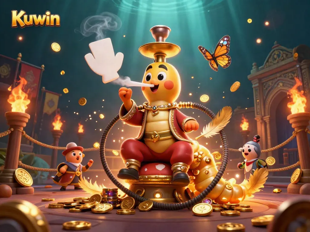 Kuwin casino promotional illustration featuring a whimsical caterpillar master and gold coins, creating an engaging atmosphere.