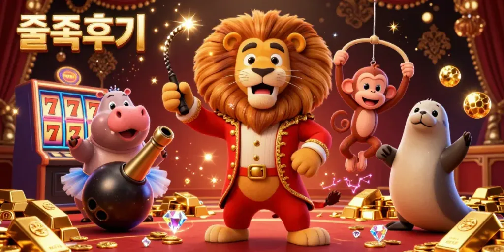 Engage with thrilling 슬롯후기 in a vibrant casino scene filled with colorful characters, gold treasures, and dynamic slot elements.