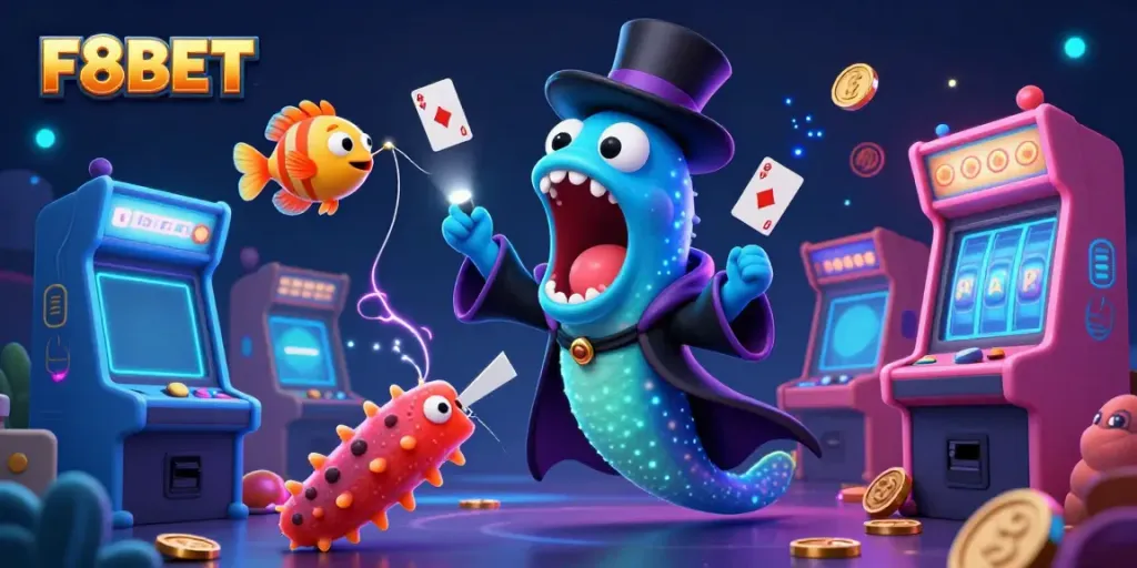 Experience the thrill of F8BET with a vibrant card magic performance in an exciting casino atmosphere.