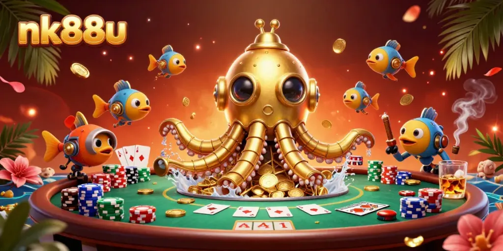 Experience the thrill at nk88u with our vibrant 3D casino-themed illustration showcasing a golden kraken submarine amidst poker games.