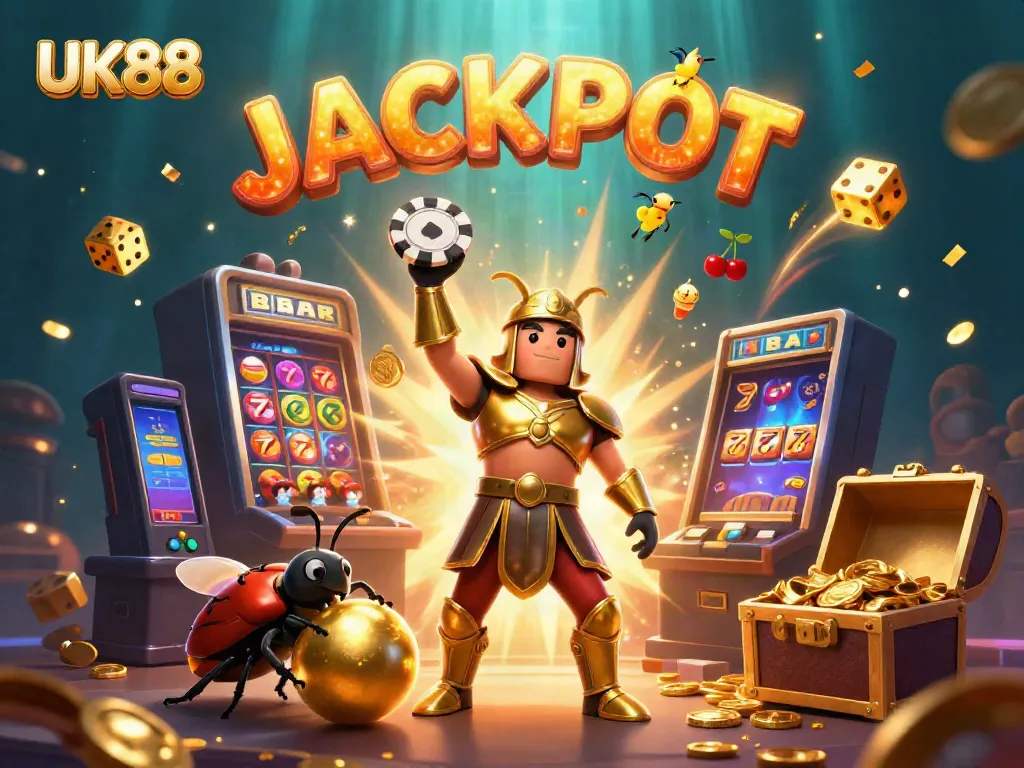 UK88 promotes gaming excitement with a triumphant beetle in golden armor showcasing a poker chip amidst festive casino elements.