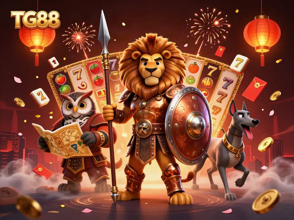 Experience the excitement of TG88 with a dynamic illustration of casino games and characters.