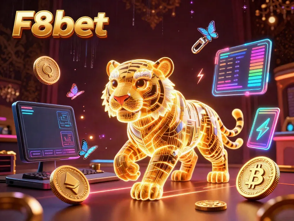 Experience thrilling gaming with F8bet's neon-lit casino adventure, featuring a vibrant tiger and crypto coins.