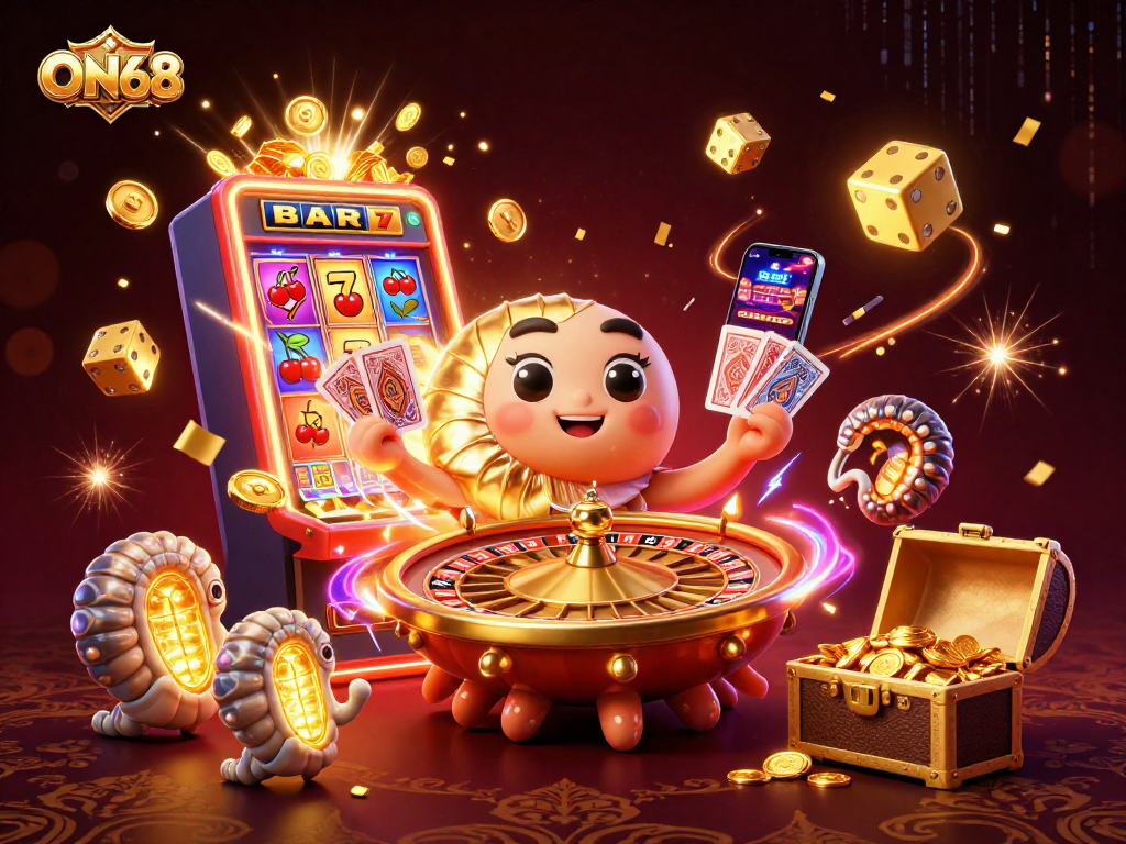 Engage in thrilling gaming experiences with ON68, featuring a vibrant casino scene with a giant nautilus and slot machine.