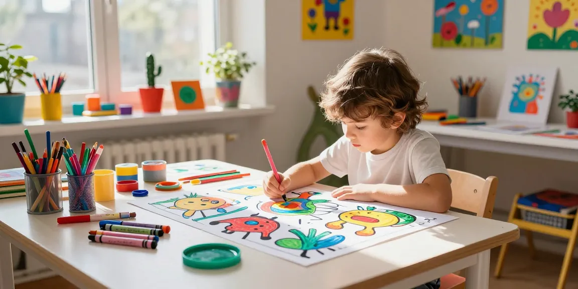 A child coloring on a large sheet at freecoloringsheets.net in a bright art studio.