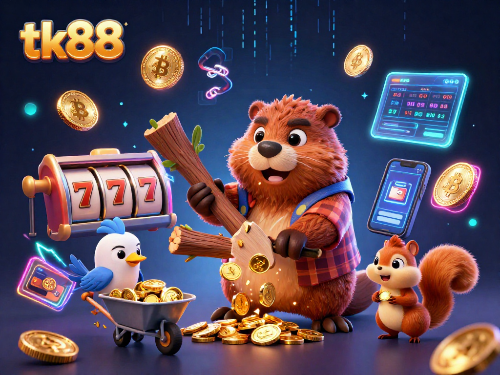 Engage with tk88's exciting casino adventure featuring a beaver, bird, and squirrel amidst gold coins.