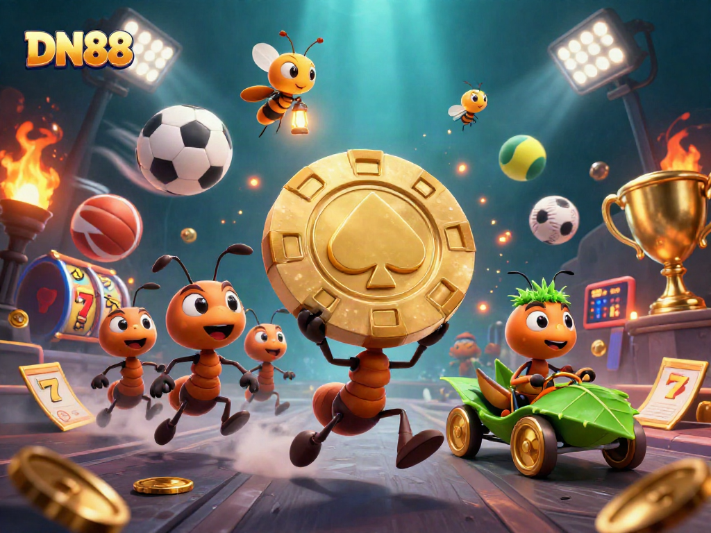 Experience thrilling gameplay with DN88, featuring animated ants in a casino heist with vibrant elements.