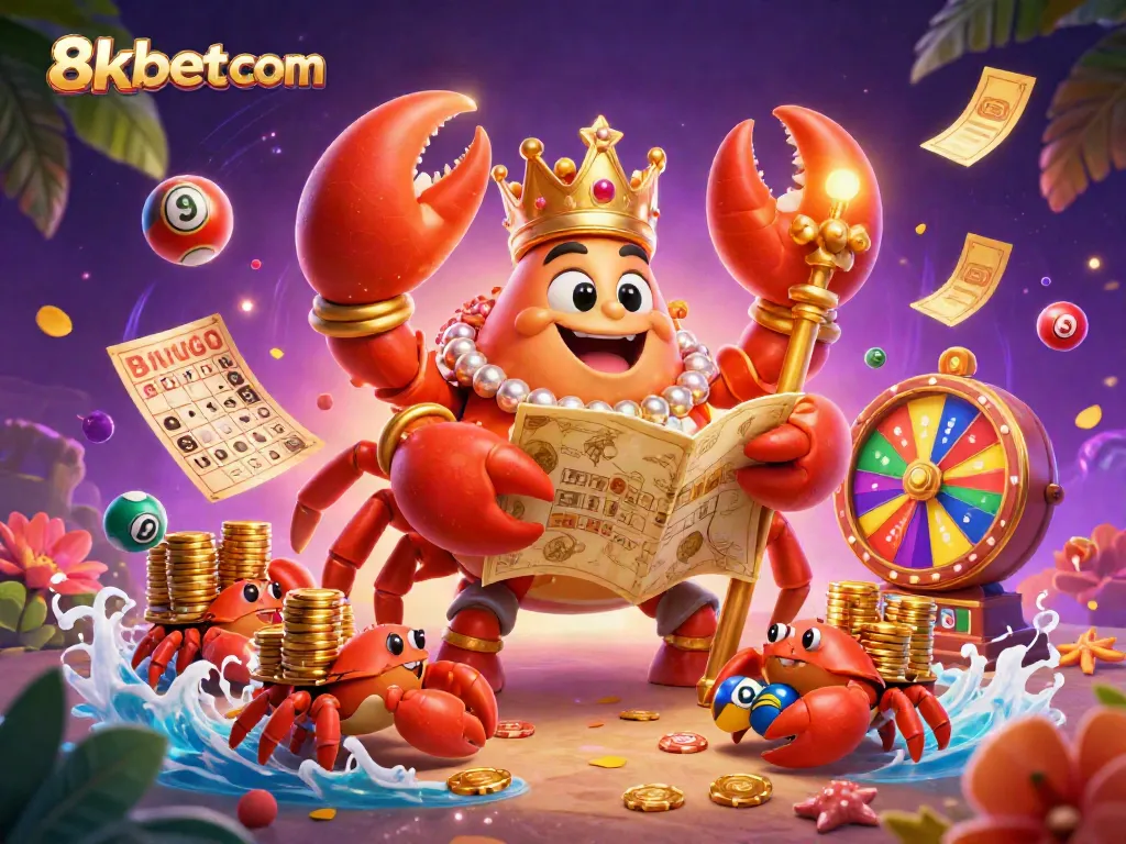 Engage with thrilling games at 8xbet com featuring a majestic golden crab, vibrant lottery balls, and dynamic casino elements.
