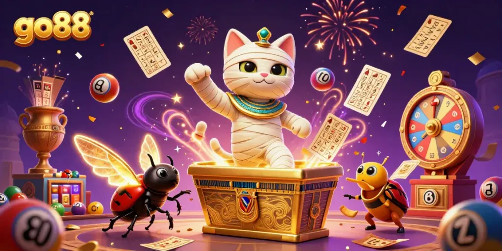 Experience thrilling gameplay with go88 featuring a 3D cartoon mummy cat and vibrant casino elements.