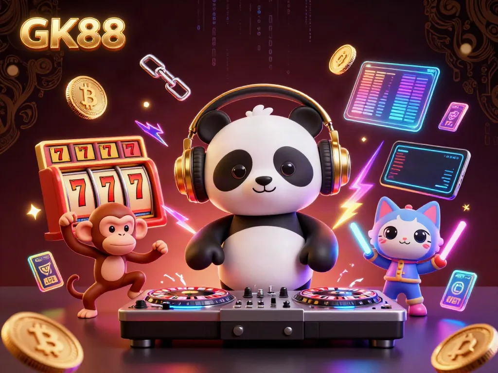 Witness GK88’s excitement with a DJ panda and friends in a vibrant casino scene.